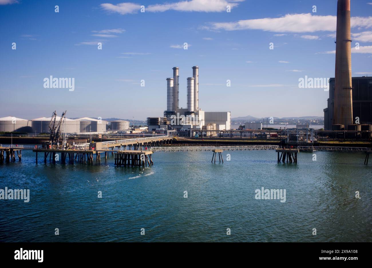 Poolbeg power station at the entrance to Dublin harbour with oil