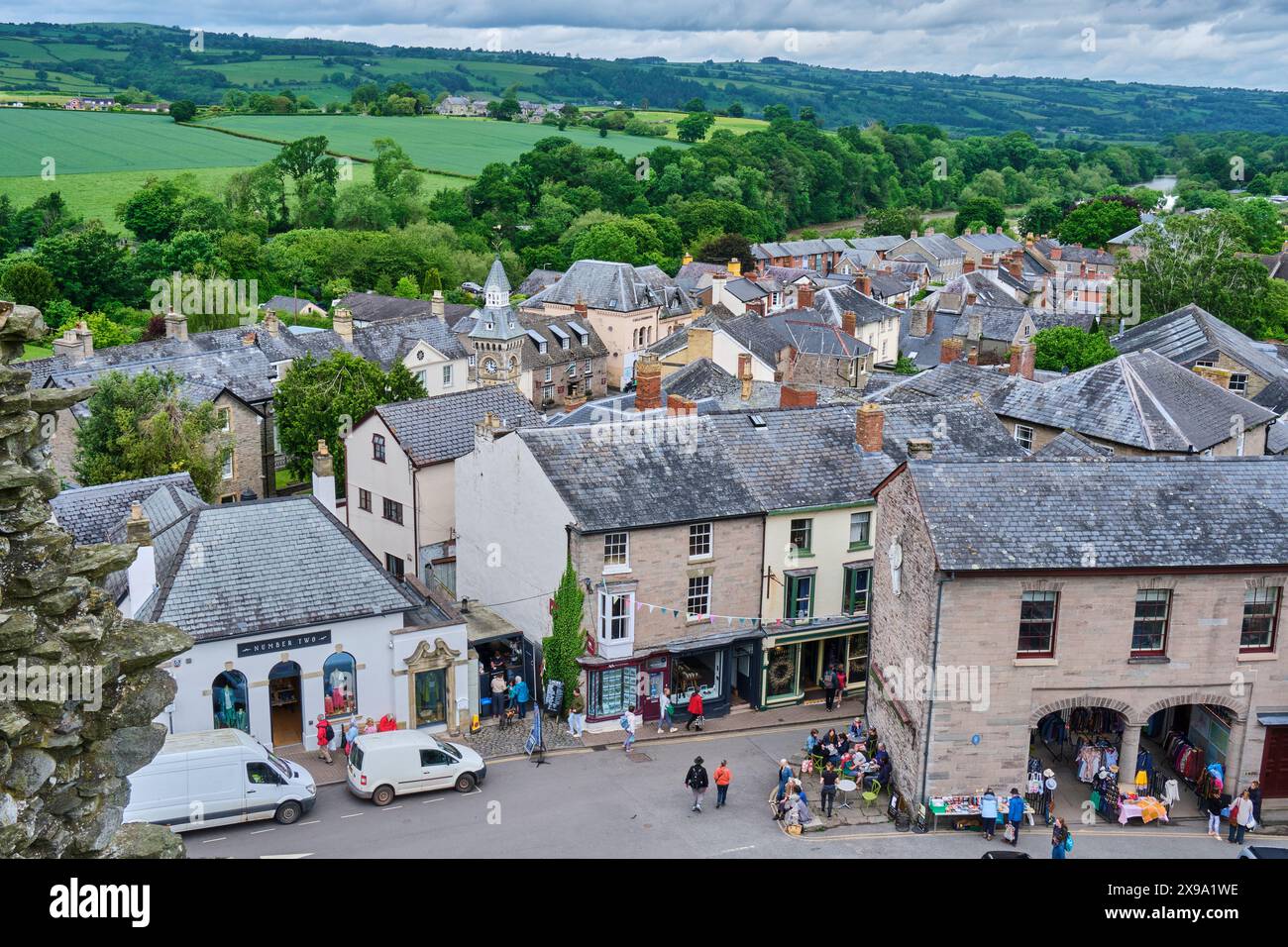 Hay-on-Wye seen from the tower viewing platform at Hay Castle, Hay-on ...