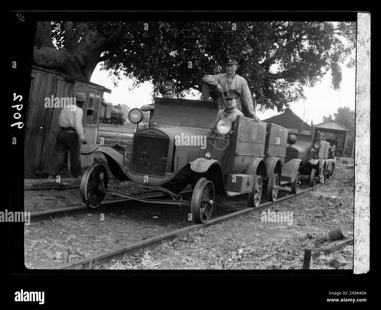 Motor trolly on Palestine railroads preceding passenger trains to investigate track. 1936. Stock Photo