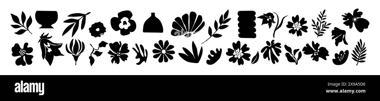 Set of flower and leaves black silhouettes.  Stock Vector