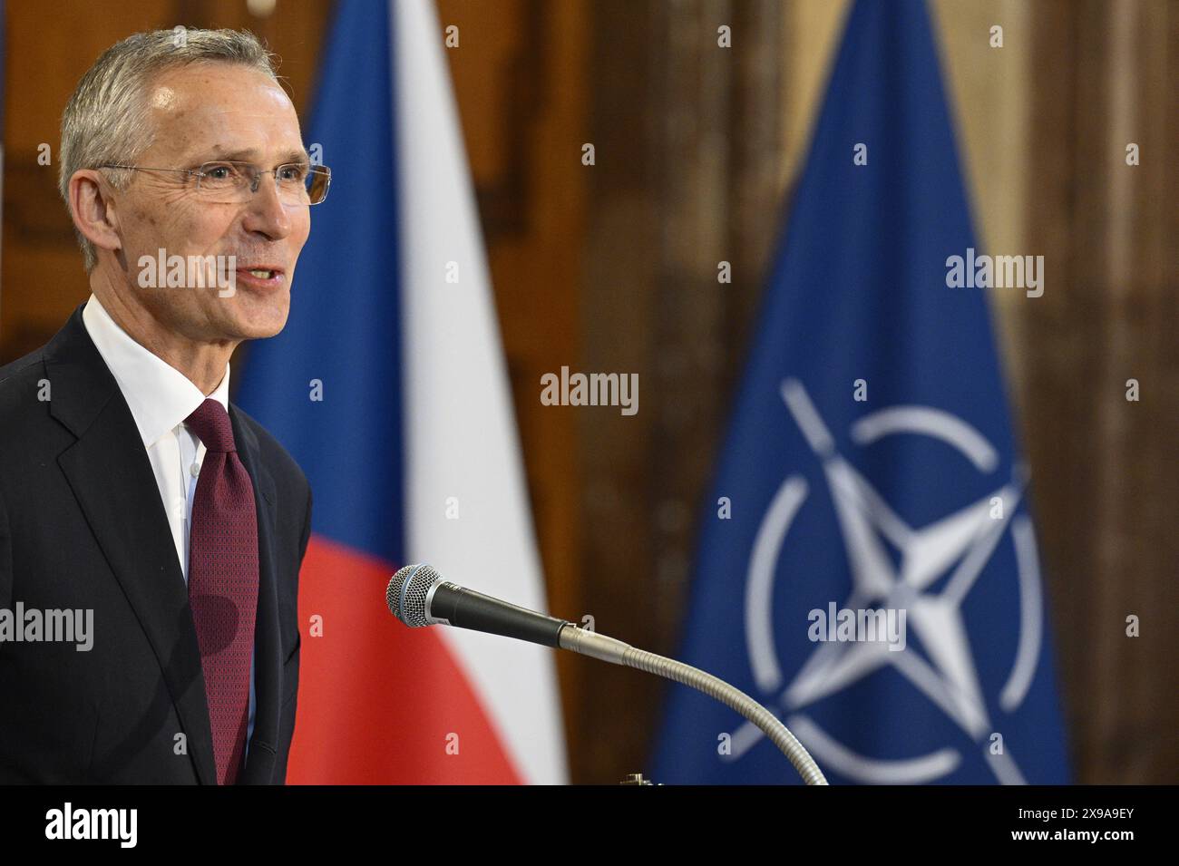 Prague, Czech Republic. 30th May, 2024. NATO Secretary General Jens Stoltenberg speaks during the public debate on 75 years of NATO, organised by Jagello 2000 organisation at the Czech Senate in Prague, Czech Republic, on May 30, 2024. Credit: Michal Kamaryt/CTK Photo/Alamy Live News Stock Photo