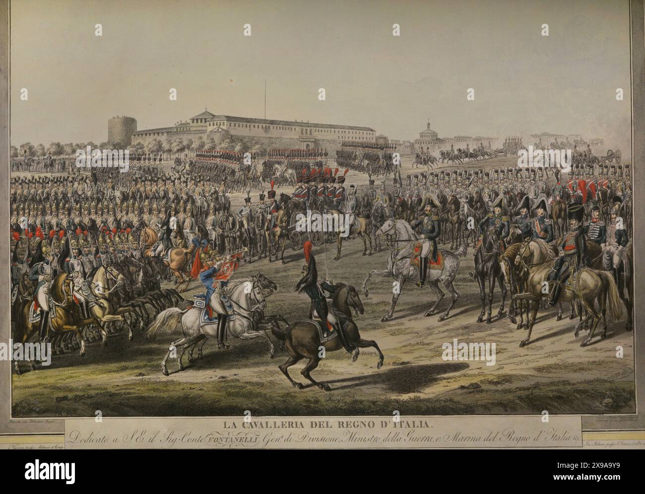 The Cavalry of the Kingdom of Italy, ca. 1811-1812. The scene begins on the parade ground of the Foro Bonaparte in the Castle of Milan. In the centre appears the Viceroy Eugène de Beauharnais (1781-1824), followed by the officers of his General Staff. Behind him a formation of Royal Guards of Honour. The parade is opened by the officer and the two trumpets of the Dragoons of the Royal Guard, followed by the troops: the regiments Dragoni Regina, Dragoni Napoleone and the Artillery of the Royal Guard escorting the cannons towed by the Artillery Train of the Guard. In the background can be seen t Stock Photo
