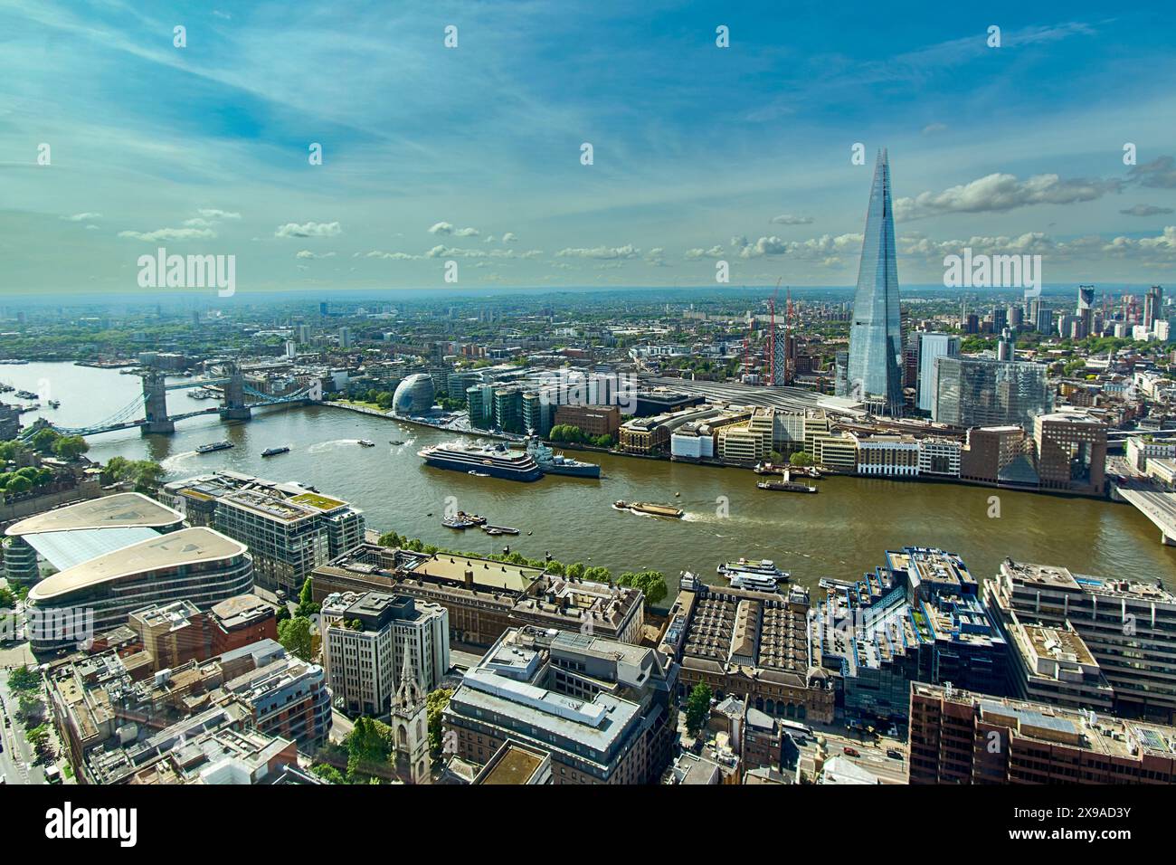 London panoramic view across River Thames the Shard and HMS Belfast and Tower Bridge Stock Photo