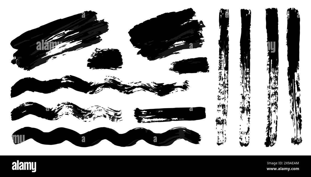 Set of grunge watercolor wavy brush strokes. Black collection of black ...