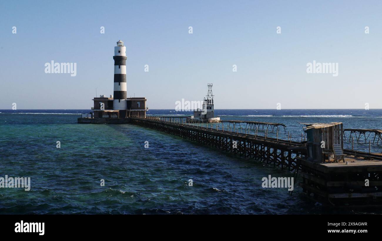 Daedalus Reef, Egypt. Daedalus is a remote reef, marked by a lighthouse off Marsa Alam. It is only visited by liveaboard boats and it's one of the be Stock Photo