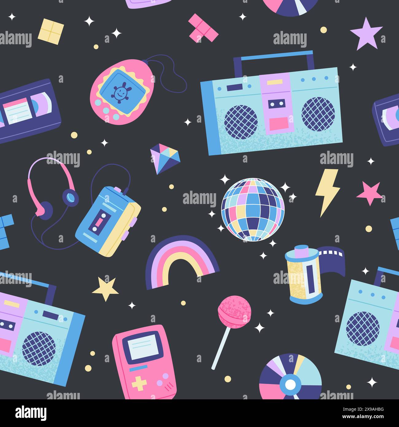 90s retro seamless pattern. Cute bright multicolor elements on dark ...