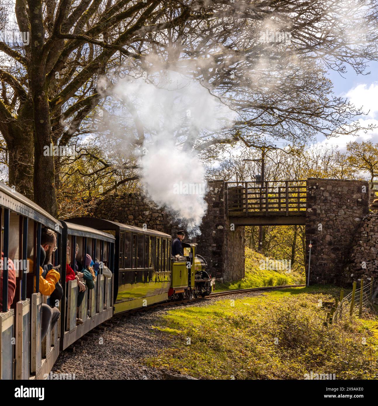 Passengers traveling on the Ravenglass and Eskdale narrow-gauge steam train enjoying the landscape of the Lake District, Cumbria, England Stock Photo