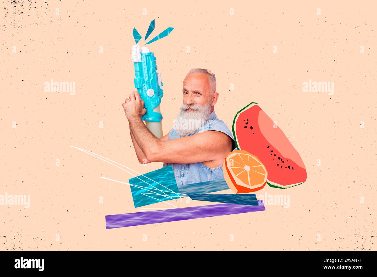 Composite photo collage of cunning old man hold water gun summer game