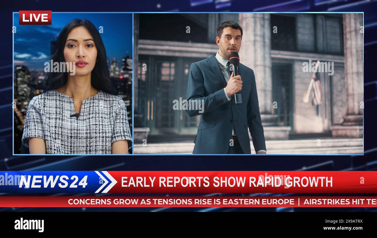 Split Screen Montage TV News Live Report: Anchorwoman Talks with