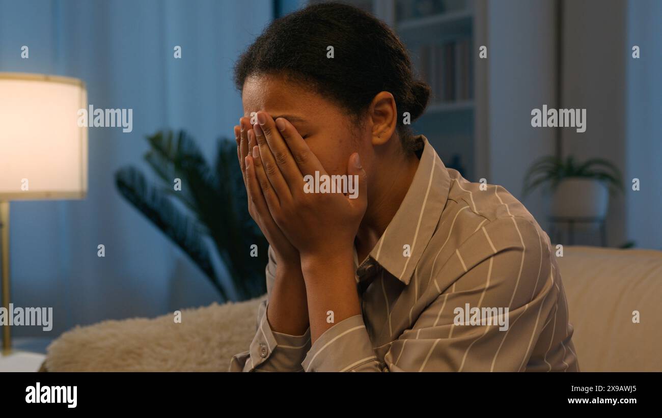 Suffer Face Sorrowful upset African American woman stressed girl suffer headache ...