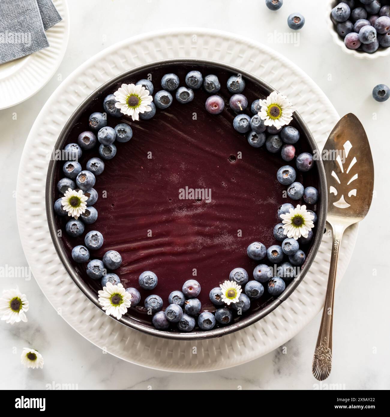 Top down view of a homemade blueberry cheesecake topped with fresh blueberries. Stock Photo
