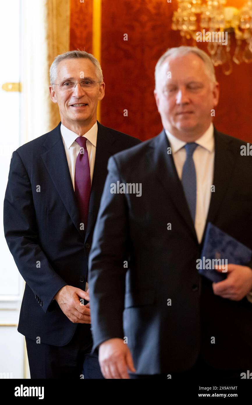 Prague, Czech Republic. 30th May, 2024. Czech President Pavel (not seen) awarded Order of Tomas Garrigue Masaryk to NATO Secretary General Stoltenberg (left) for contribution to development of democracy, at the Prague Castle, Czech Republic, on May 30, 2024. Credit: Ondrej Deml/CTK Photo/Alamy Live News Stock Photo