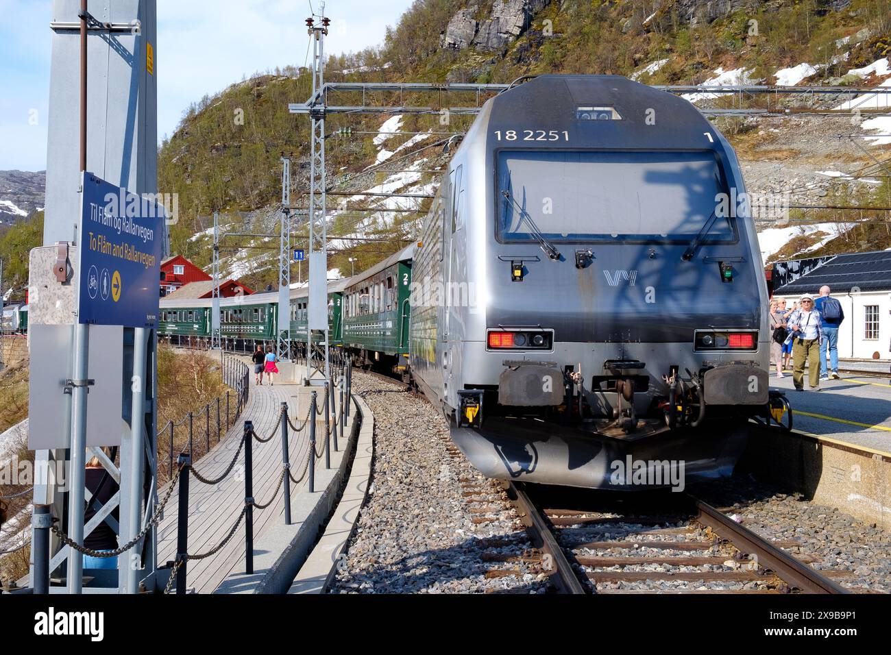 A train at the high mountain station of Myrdal, 866 metres above sea level on the Flåm railway, Norway. Stock Photo