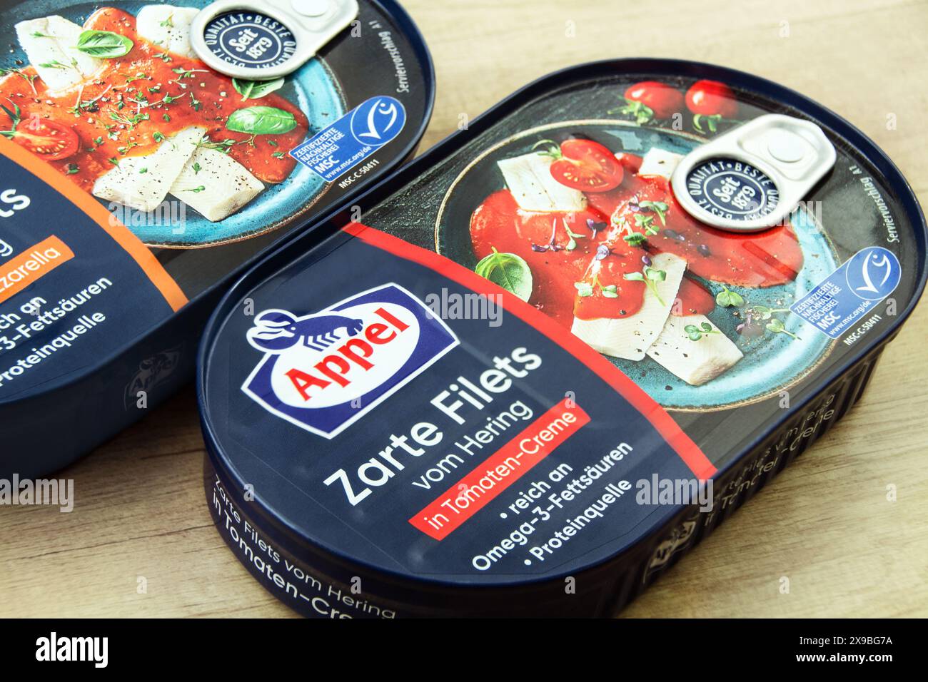 Hamburg, Germany -  May 30  2024: Appel Heringsfilets in Tomaten-Creme Stock Photo