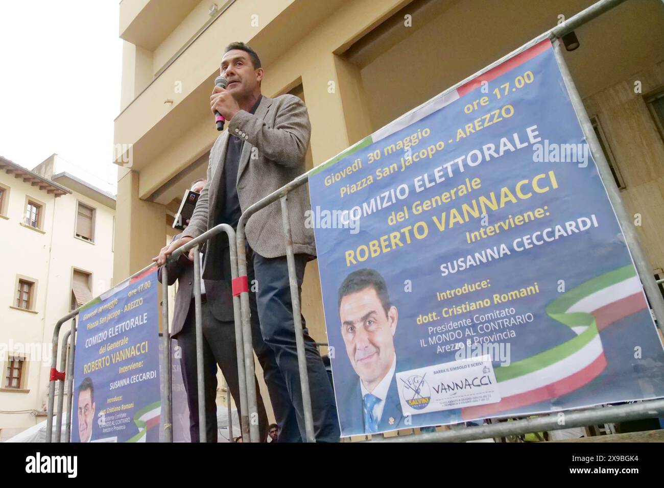 Italy, Arezzo, May 30, 2024 : General Roberto Vannacci during an election rally. Roberto Vannacci is candidate for the League (Lega) in the next European elections.   Photo © Daiano Cristini/Sintesi/Alamy Live News Stock Photo