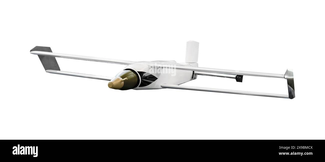 Isolated military drone kamikaze armed with aerial bomb. Stock Photo