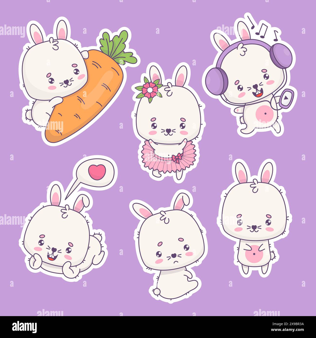 Collection cute white rabbit stickers. Ballerina girl, bunny in love, with carrot and headphones, unhappy sad baby. Isolated funny kawaii animal chara Stock Vector