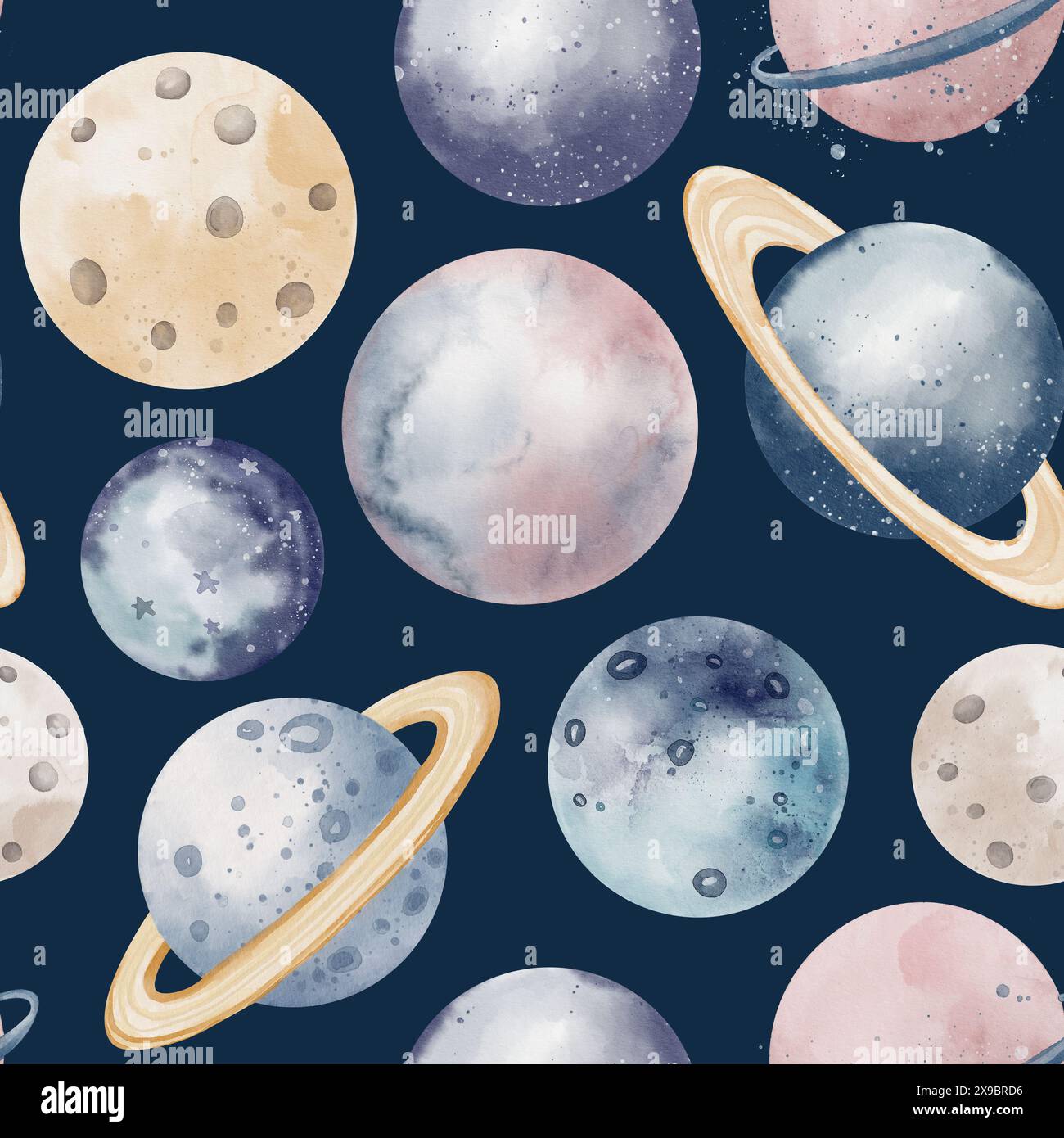 Watercolor seamless Pattern with Planets for baby design in pastel blue ...