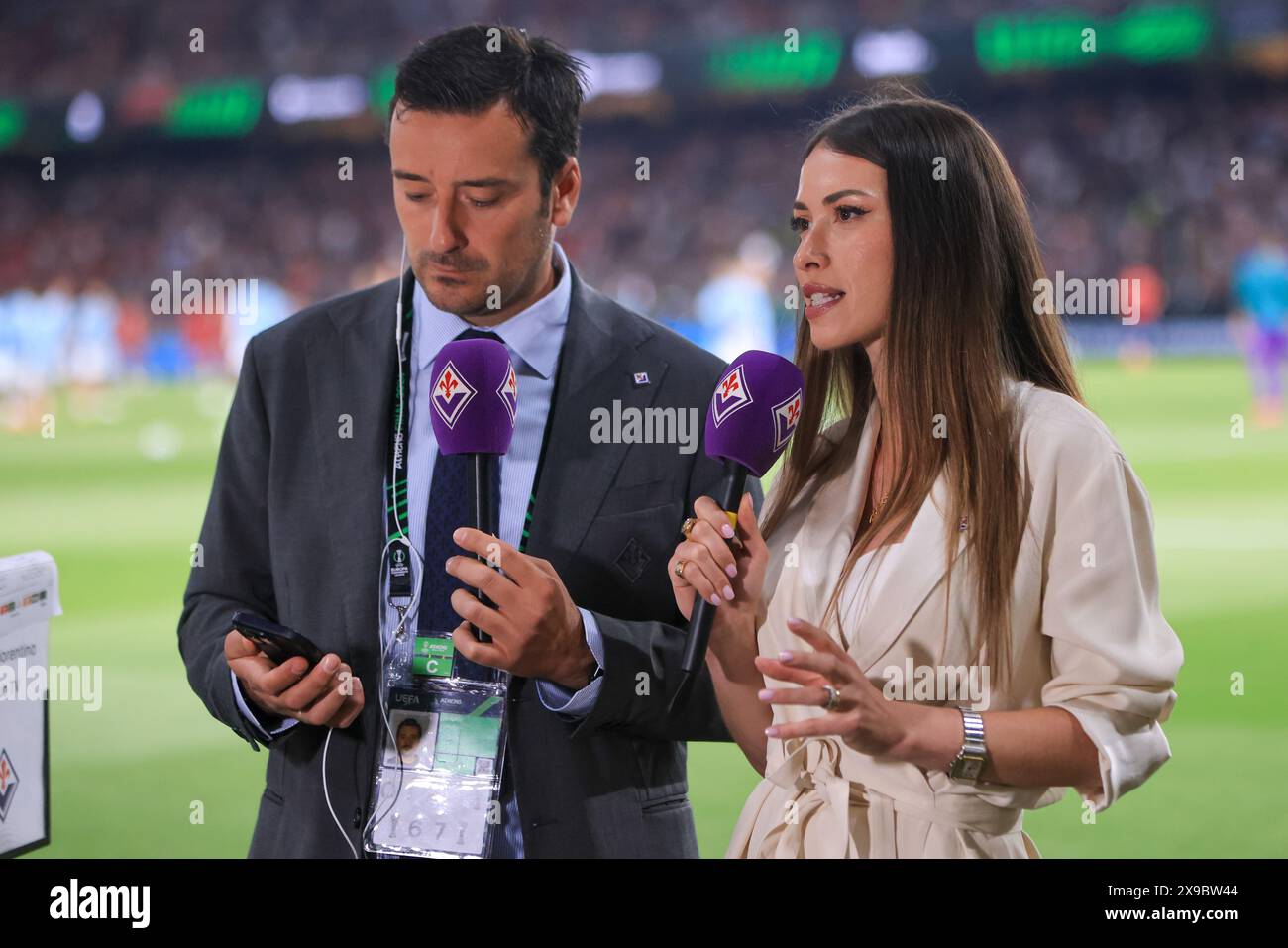 ATHENS, GREECE - MAY 29: TV commentators prior to the UEFA Europa Conference League 2023/24 final match between Olympiacos FC and ACF Fiorentina at AEK Arena on May 29, 2024 in Athens, Greece.(Photo by MB Media) Stock Photo