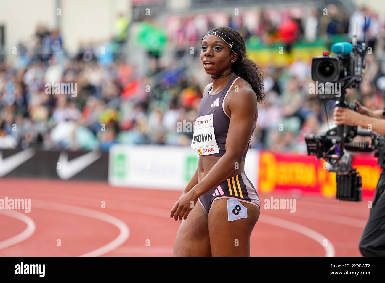 Oslo 20240530. American Brittany Brown after the women's 200 meters during the Diamond League Bislett Games 2024 at Bislett Stadium. Photo: Heiko Junge / NTB Stock Photo