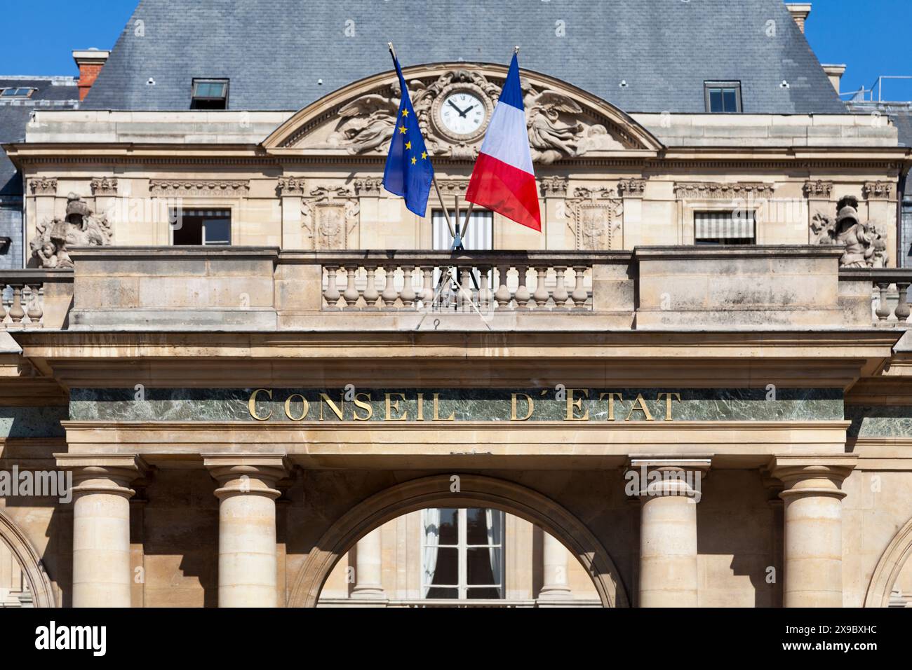 Entrance to the Conseil d'État (English: Council of State), rue Saint-Honoré on the south facade of the Palais-Royal in Paris, France. Stock Photo