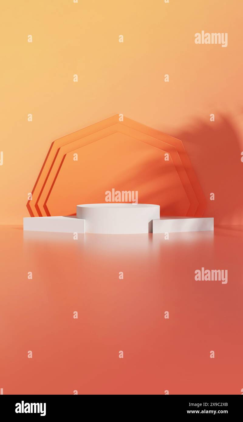 Stylish display setup featuring white pedestals against a vibrant orange background with geometric hexagonal shapes and natural palm shadows. Perfect Stock Photo