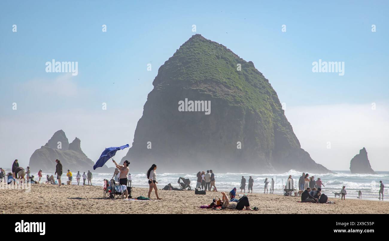 Haystack Rock, a towering sea stack on Cannon Beach, stands majestically under the warm sun on a peaceful Sunday afternoon. Visitors relax on the ... - Stock Image