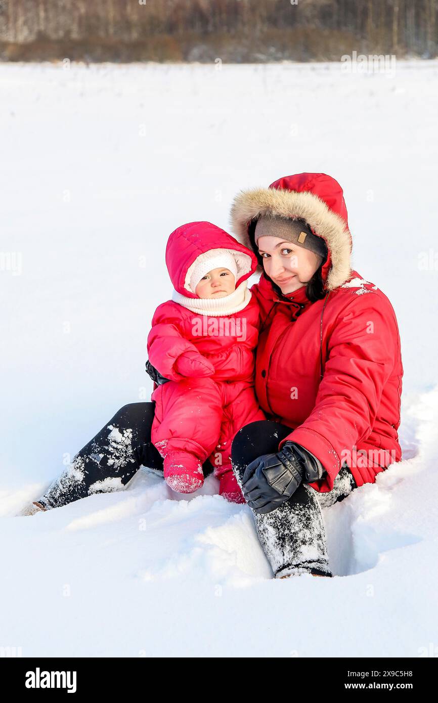 Red Jacket Snow A mother and child wearing matching red jackets with fur-lined hoods ...