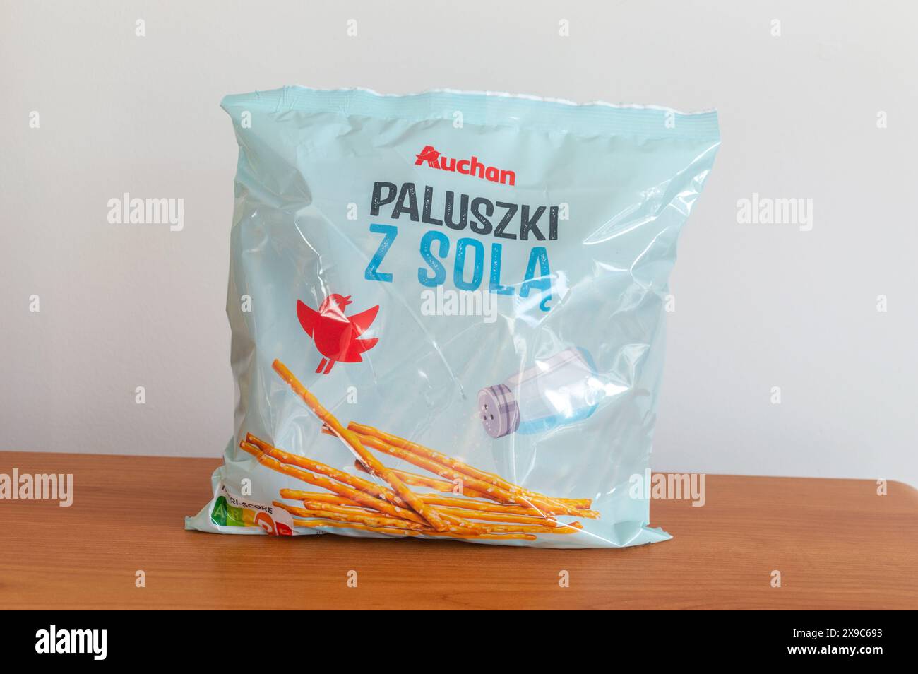 Pruszcz Gdanski, Poland - April 1, 2024: Auchan salted sticks. Stock Photo