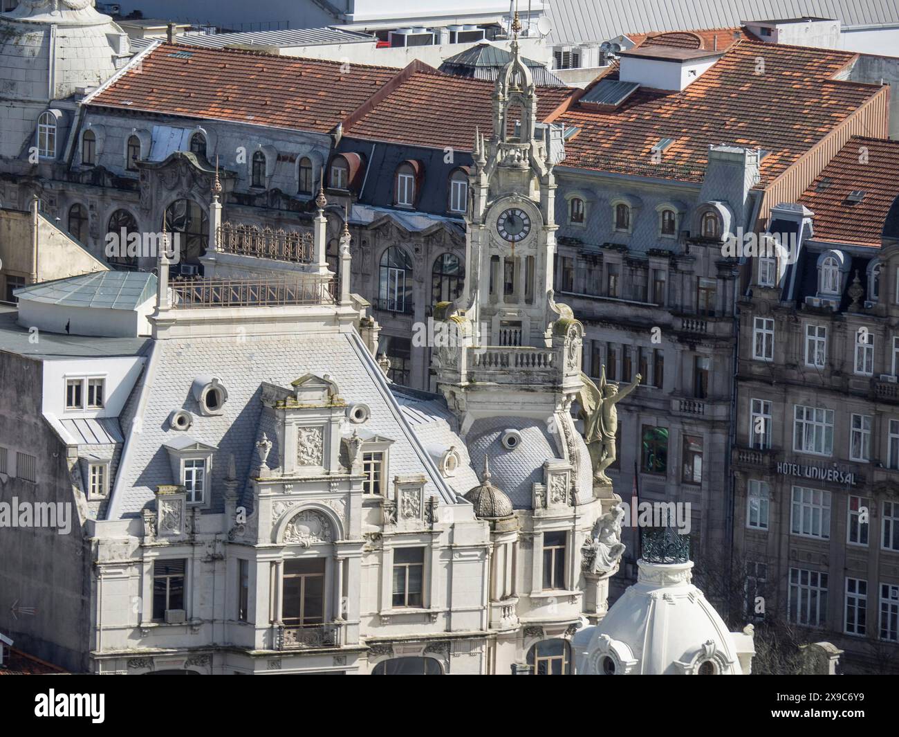 Attractive historic buildings with ornate facades, clock tower and ...