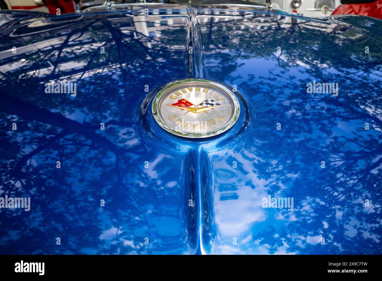 BERLIN - MAY 04, 2024: The logo of a sports car Chevrolet Corvette (C1), 1961. Close-up. Classic Days Berlin 2024. Stock Photo