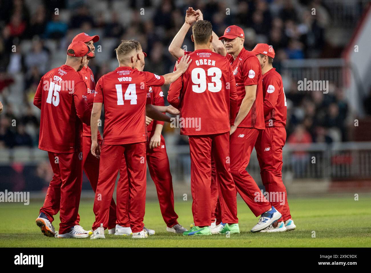 Lancashire Cricket Club celebrate a Wicket during the Vitality Blast T20 match between Lancashire and Durham at Old Trafford, Manchester on Thursday 30th May 2024. (Photo: Mike Morese | MI News) Credit: MI News & Sport /Alamy Live News Stock Photo