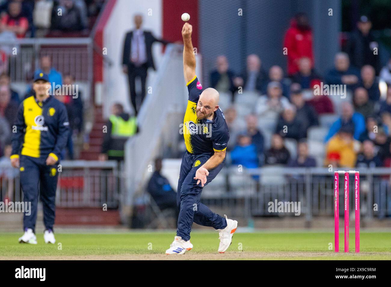 Ben Raine #44 of Durham Cricket bowling during the Vitality Blast T20 match between Lancashire and Durham at Old Trafford, Manchester on Thursday 30th May 2024. (Photo: Mike Morese | MI News) Credit: MI News & Sport /Alamy Live News Stock Photo