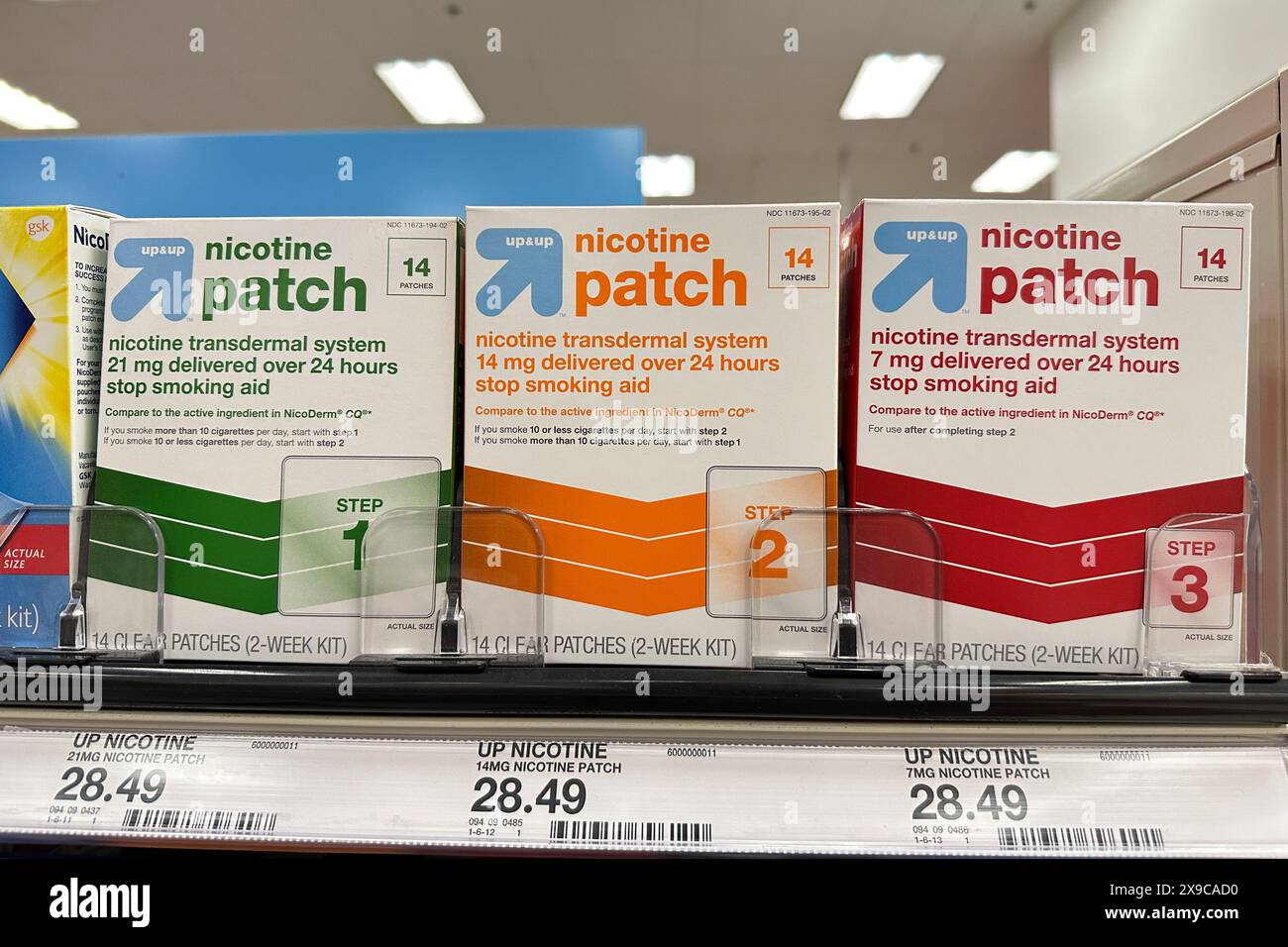 Rows of Nicotine patch to help quit smoking on display at a Target retail store in Michigan. Stock Photo