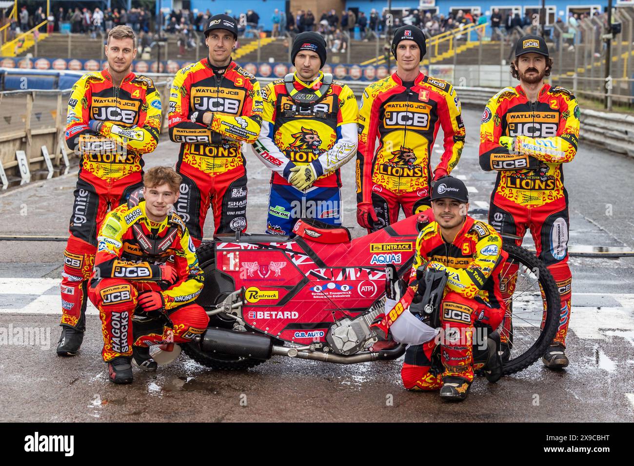 Leicester Lions speedway team. 2024. Team line up with a bike Stock ...