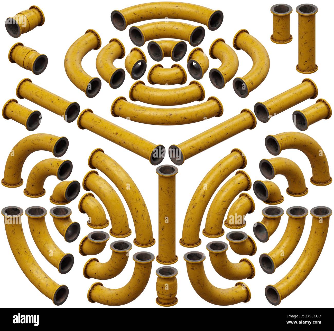 3d render illustration of a set of pipes. Straight and curved sections. Isometric perspective