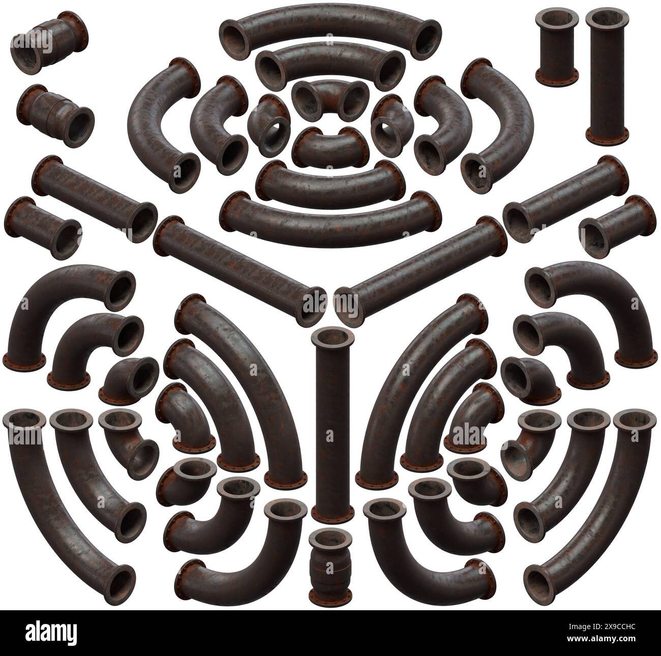 3d render illustration of a set of pipes. Straight and curved sections. Isometric perspective