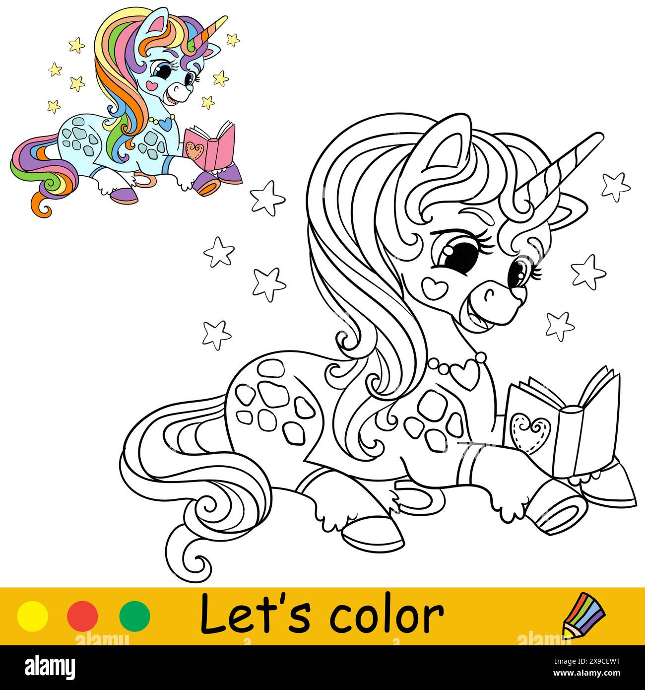 Kids coloring with color template cute unicorn with book vector Stock ...