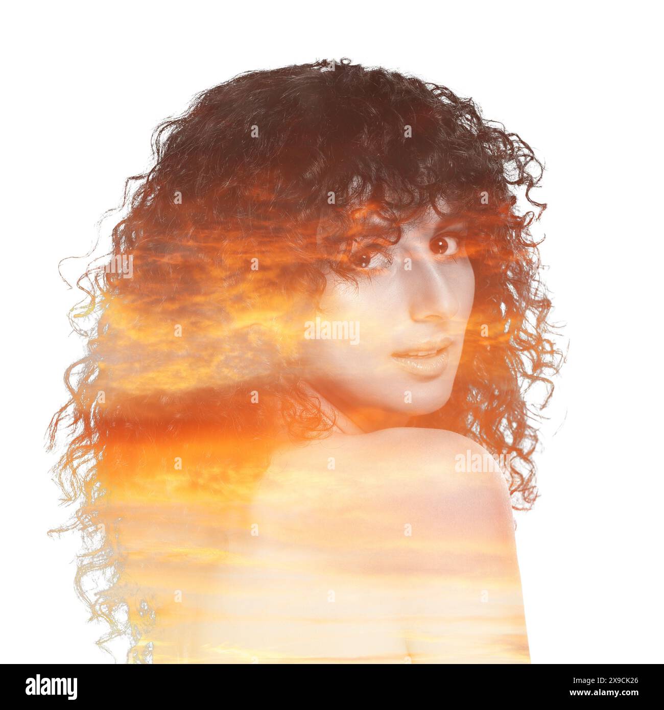 Beautiful woman and sunset sky on white background, double exposure ...