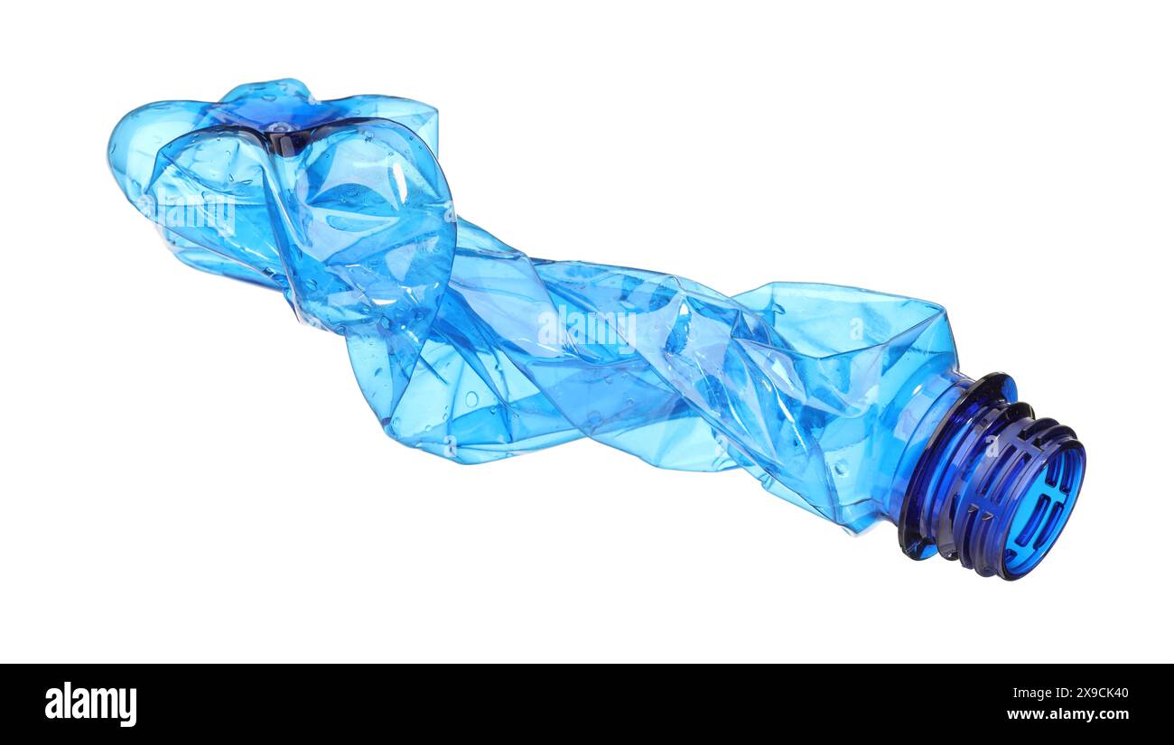 Crumpled disposable plastic bottle isolated on white Stock Photo - Alamy