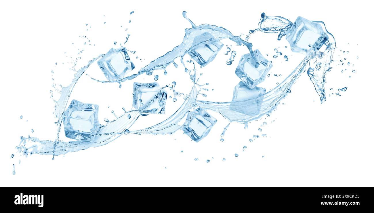 Ice cubes and splashing water in air on white background Stock Photo ...