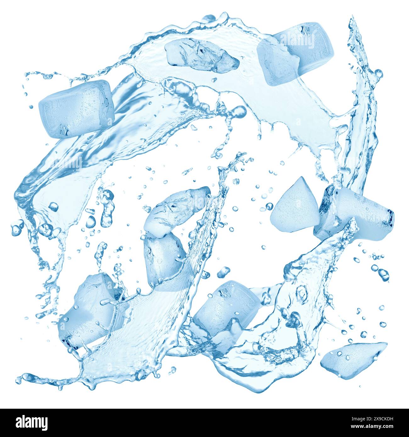 Ice cubes and splashing water in air on white background Stock Photo ...
