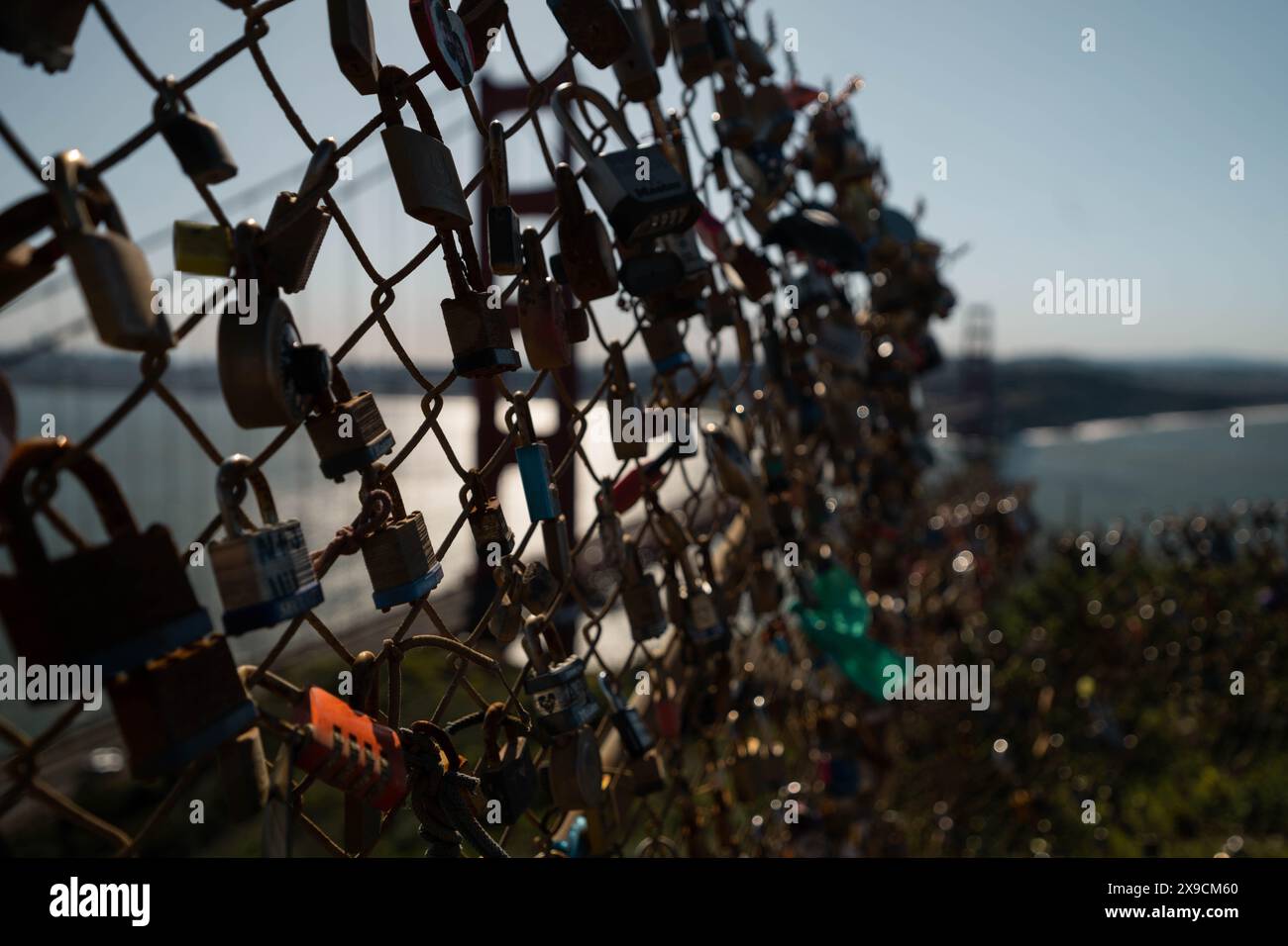 Locking the love against the iconic backdrop of San Francisco's Golden Gate bridge, where hearts intertwine and dreams take flight. Stock Photo