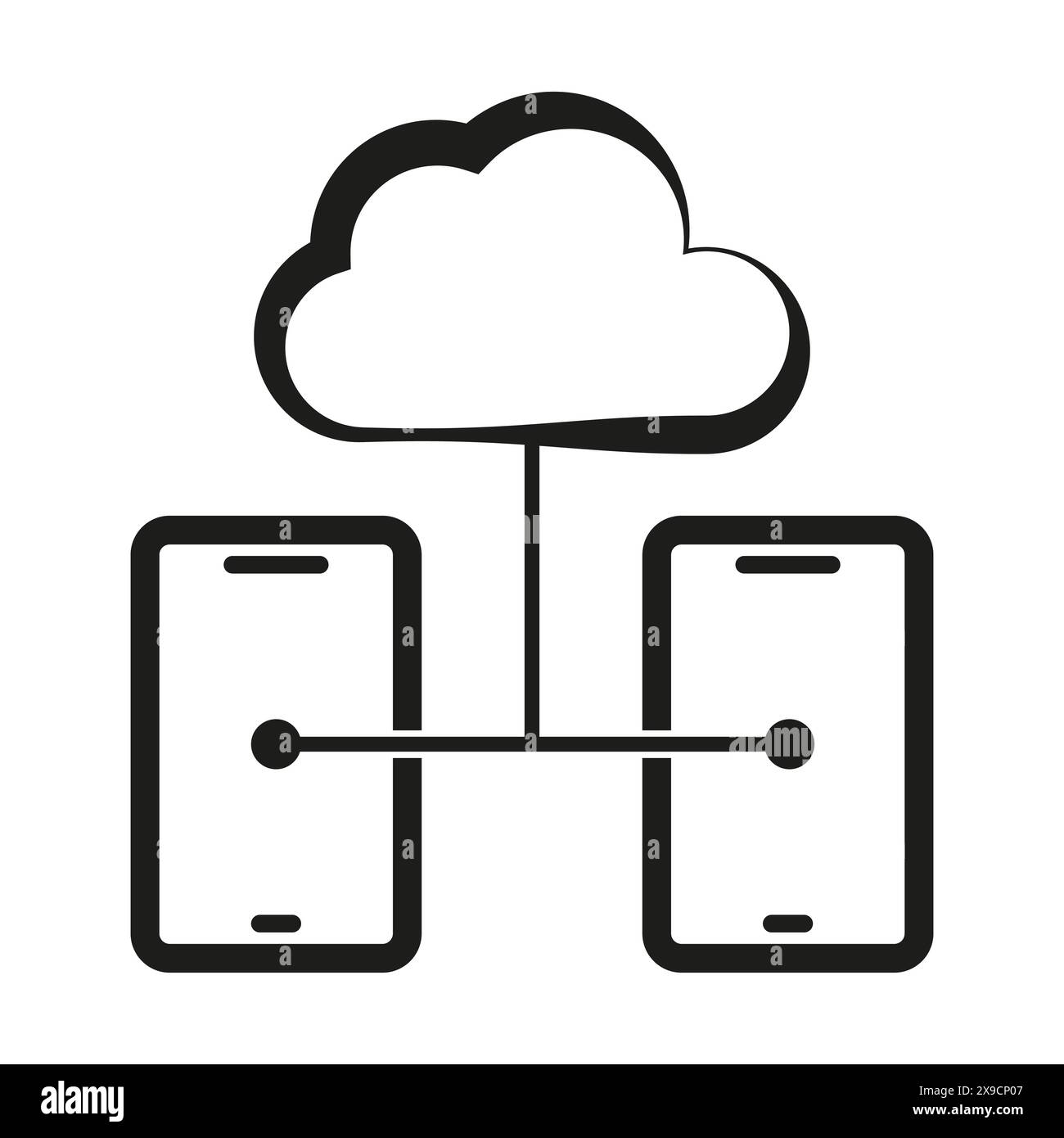 Cloud data transfer. Connected smartphones vector. Mobile cloud computing. Network communication icon. Stock Vector