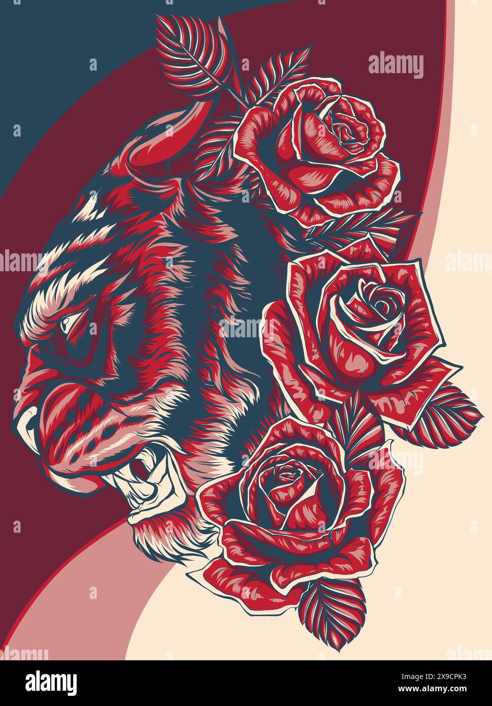 vector illustration of roaring tiger head and roses Stock Vector Image ...