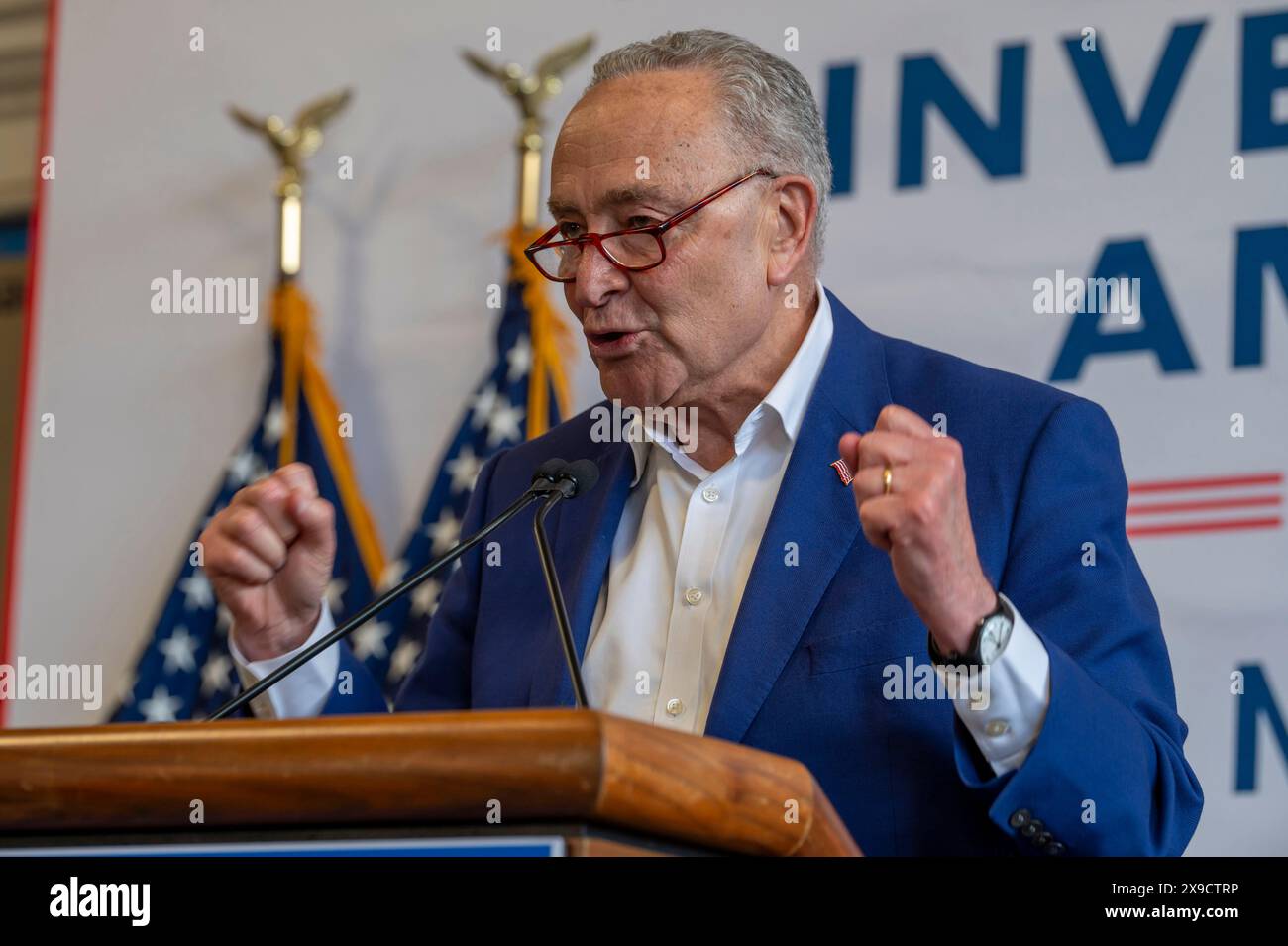 NEW YORK, NEW YORK - MAY 30: Senate Majority Leader, U.S. Senator Chuck Schumer speaks during a clean energy affordability announcement at the Andromeda Community Initiative, Long Island City on May 30, 2024 in the Queens Borough of New York City. Governor Kathy Hochul joined U.S. Department of Energy (DOE) Secretary Granholm, White House Senior Advisor John Podesta and Majority Leader U.S. Senator Chuck Schumer to celebrate New York State becoming the first state in the nation to offer the first phase of Inflation Reduction Act (IRA) Home Electrification and Appliance Rebates (HEAR) Program Stock Photo