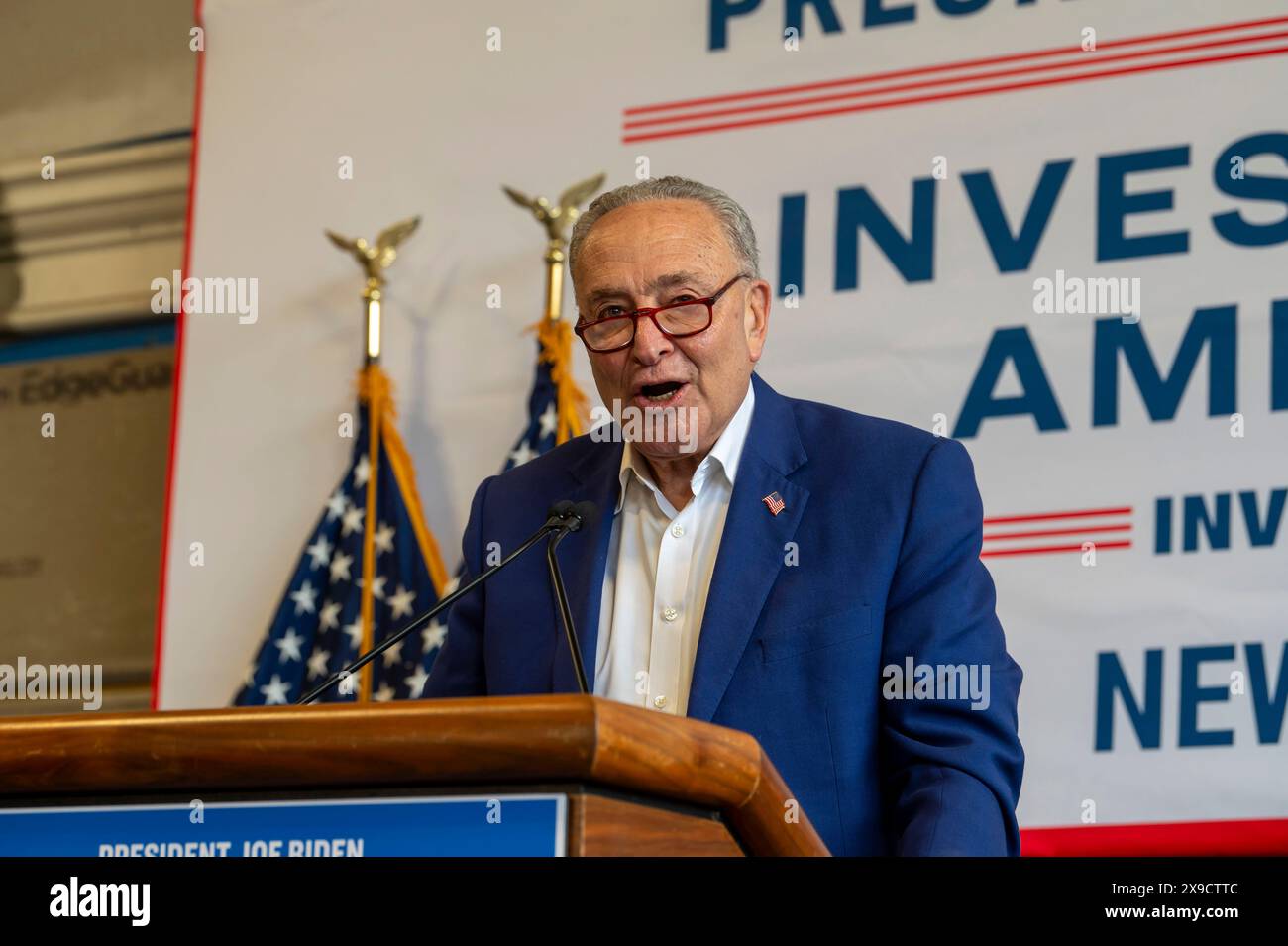NEW YORK, NEW YORK - MAY 30: Senate Majority Leader, U.S. Senator Chuck Schumer speaks during a clean energy affordability announcement at the Andromeda Community Initiative, Long Island City on May 30, 2024 in the Queens Borough of New York City. Governor Kathy Hochul joined U.S. Department of Energy (DOE) Secretary Granholm, White House Senior Advisor John Podesta and Majority Leader U.S. Senator Chuck Schumer to celebrate New York State becoming the first state in the nation to offer the first phase of Inflation Reduction Act (IRA) Home Electrification and Appliance Rebates (HEAR) Program Stock Photo