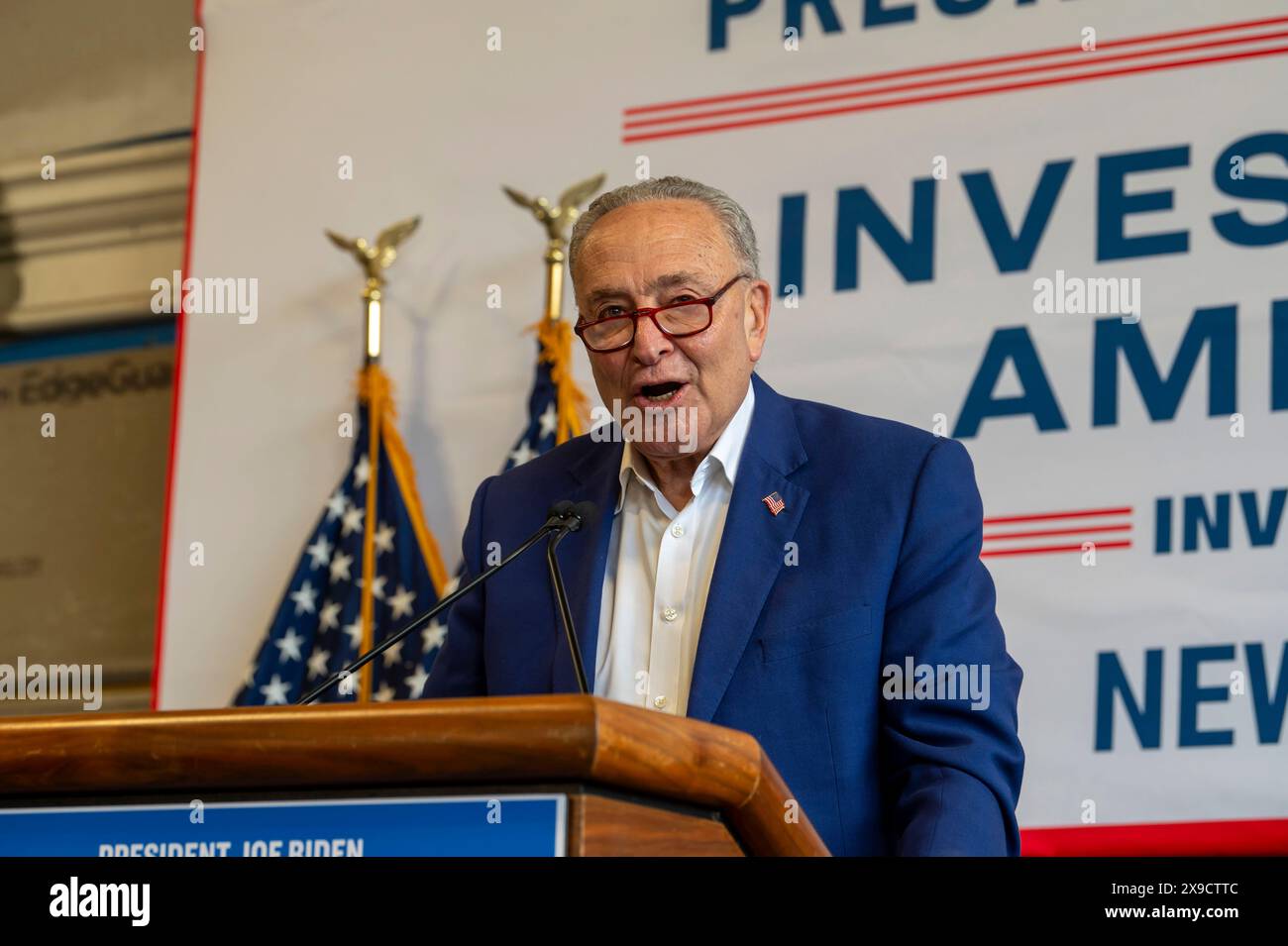 NEW YORK, NEW YORK - MAY 30: Senate Majority Leader, U.S. Senator Chuck Schumer speaks during a clean energy affordability announcement at the Andromeda Community Initiative, Long Island City on May 30, 2024 in the Queens Borough of New York City. Governor Kathy Hochul joined U.S. Department of Energy (DOE) Secretary Granholm, White House Senior Advisor John Podesta and Majority Leader U.S. Senator Chuck Schumer to celebrate New York State becoming the first state in the nation to offer the first phase of Inflation Reduction Act (IRA) Home Electrification and Appliance Rebates (HEAR) Program Stock Photo