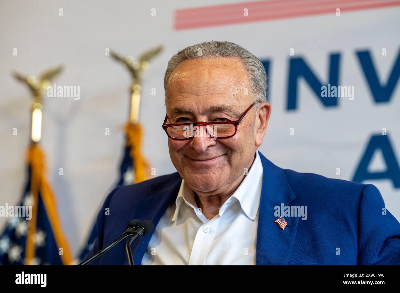 NEW YORK, NEW YORK - MAY 30: Senate Majority Leader, U.S. Senator Chuck Schumer speaks during a clean energy affordability announcement at the Andromeda Community Initiative, Long Island City on May 30, 2024 in the Queens Borough of New York City. Governor Kathy Hochul joined U.S. Department of Energy (DOE) Secretary Granholm, White House Senior Advisor John Podesta and Majority Leader U.S. Senator Chuck Schumer to celebrate New York State becoming the first state in the nation to offer the first phase of Inflation Reduction Act (IRA) Home Electrification and Appliance Rebates (HEAR) Program Stock Photo