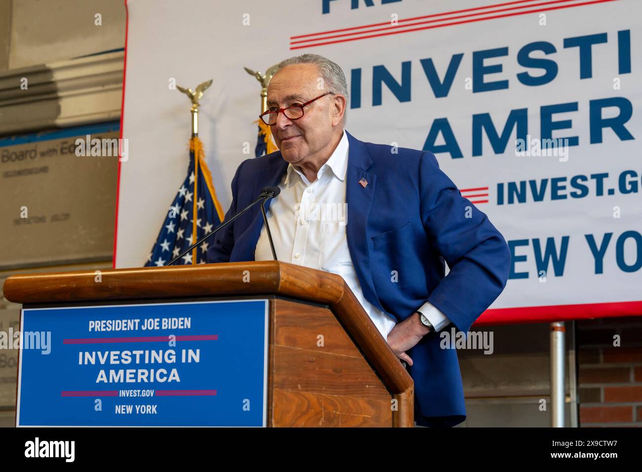 NEW YORK, NEW YORK - MAY 30: Senate Majority Leader, U.S. Senator Chuck Schumer speaks during a clean energy affordability announcement at the Andromeda Community Initiative, Long Island City on May 30, 2024 in the Queens Borough of New York City. Governor Kathy Hochul joined U.S. Department of Energy (DOE) Secretary Granholm, White House Senior Advisor John Podesta and Majority Leader U.S. Senator Chuck Schumer to celebrate New York State becoming the first state in the nation to offer the first phase of Inflation Reduction Act (IRA) Home Electrification and Appliance Rebates (HEAR) Program Stock Photo